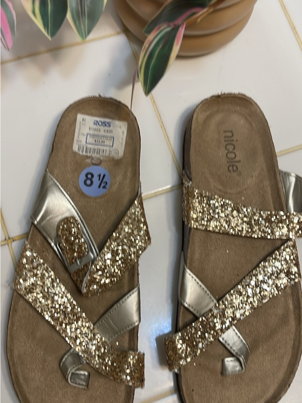 Nicole Gold Glitter Cross-Strap Slide Sandals - Women's